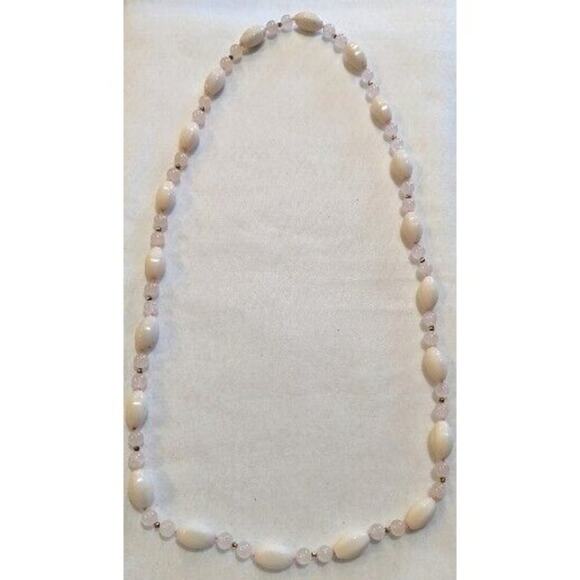 Vintage Lovely Pink Rose Quartz White Bead Necklace Gemstone 32" - Picture 2 of 6